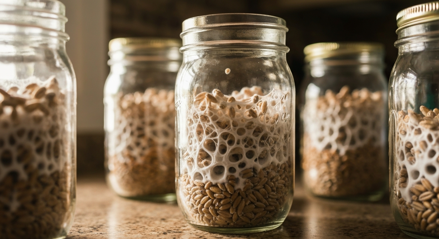 Glass jars filled with sterilised grain spawn ready for inoculation