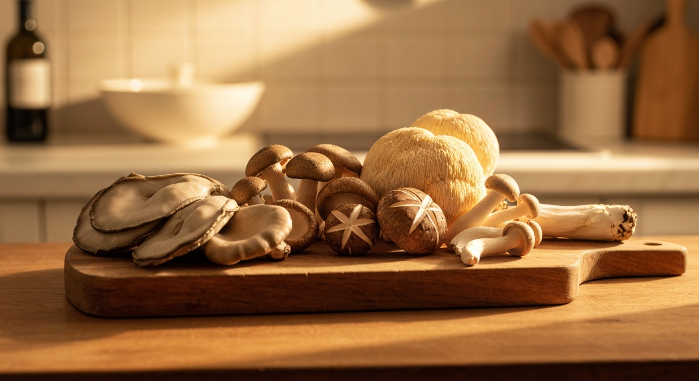 Fresh oyster mushrooms growing from a substrate bag in warm natural light