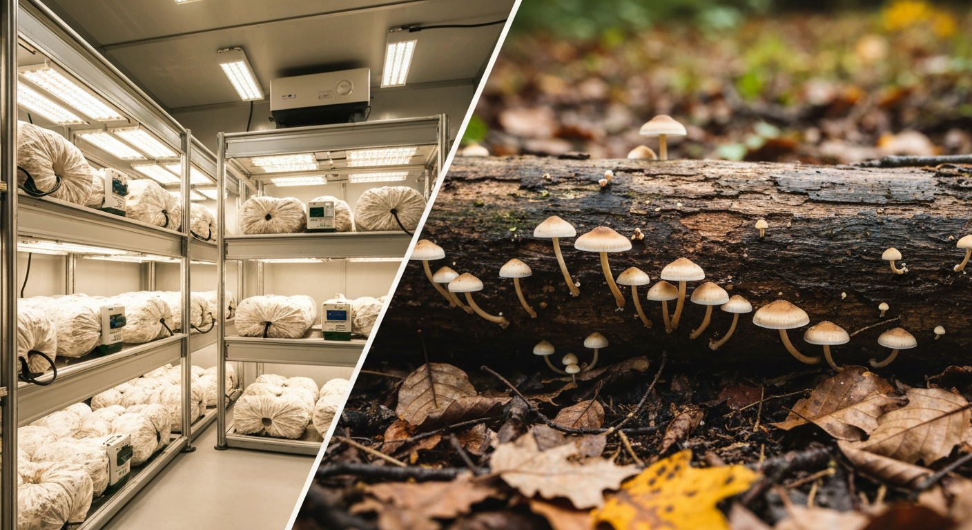 Indoor monotub growing setup alongside outdoor mushroom log cultivation