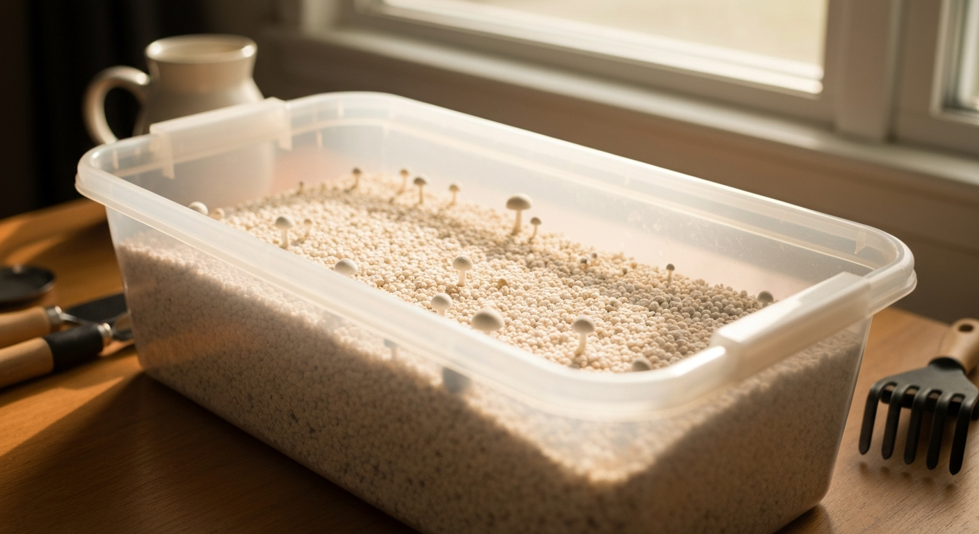 Monotub setup with holes, polyfill, and liner ready for mushroom cultivation