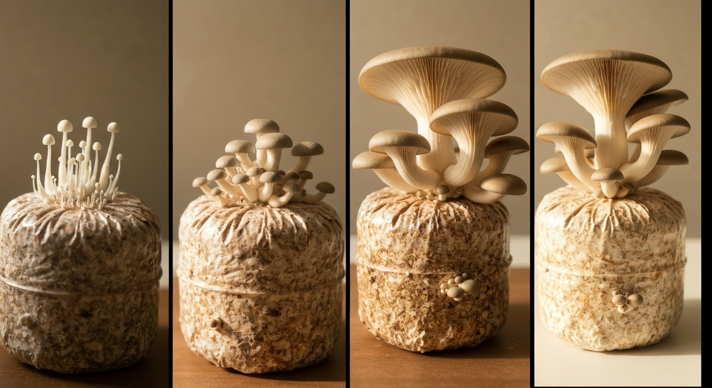 Complete mushroom growing journey from spore syringe to harvested mushrooms
